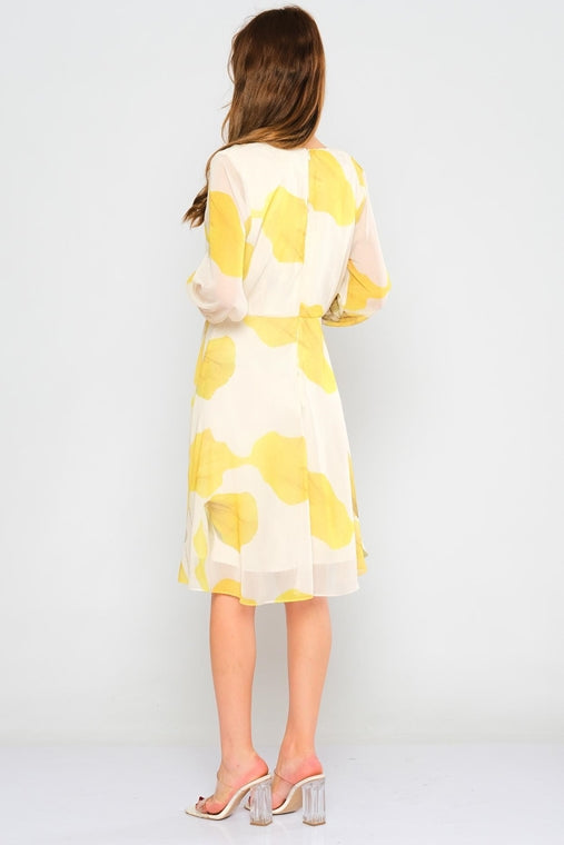 Long sleeve V-neck Floral Georgette Chiffon Casual dress - Yellow