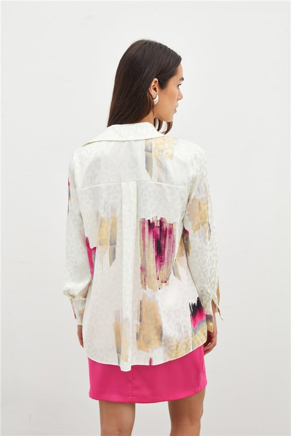 Patterned Leopard Casual Satin Shirt-Pink