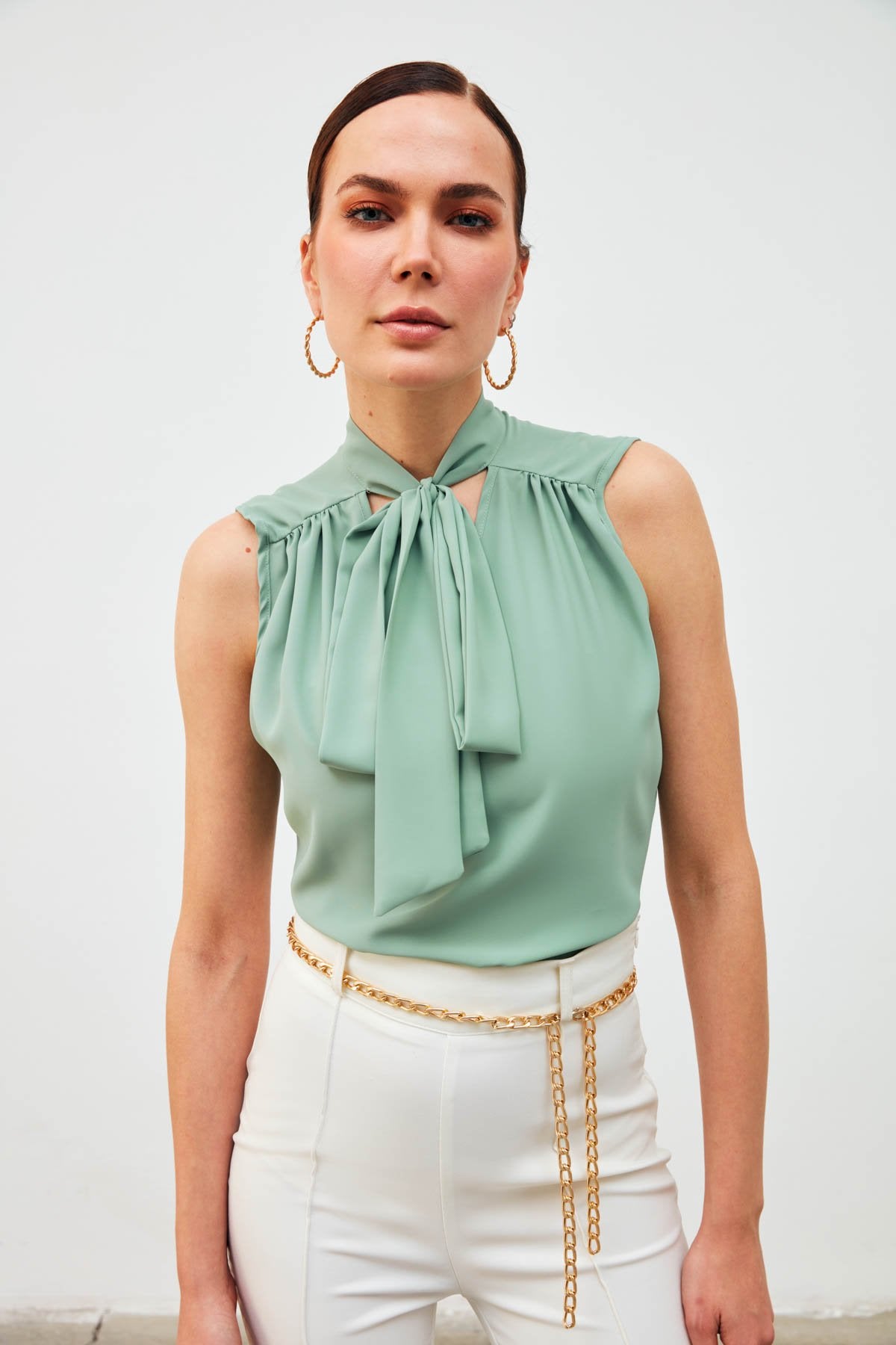 Sleeveless Blouse with Scarf - sage green - LussoCA