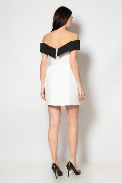 Off-Shoulder Black Collar Mini Dress - White