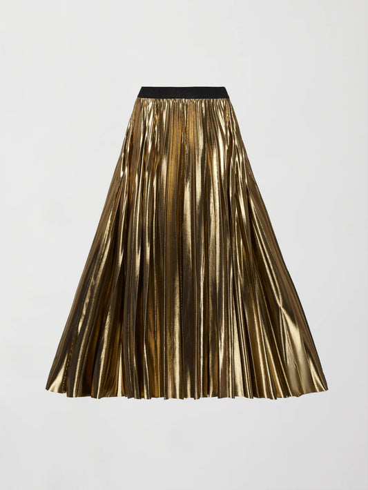 Trendy Shiny Satin Pleated Midi Skirt -Gold