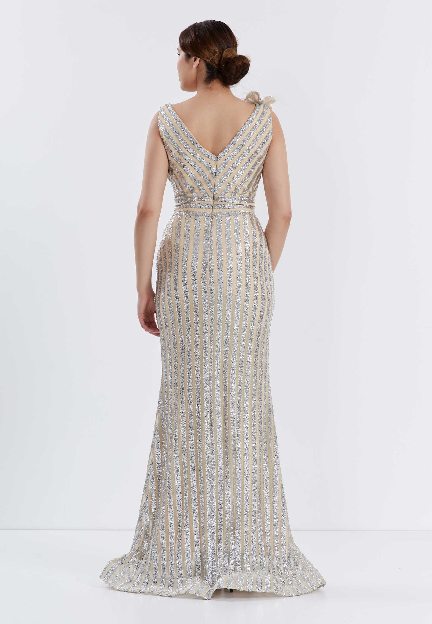 Sleeveless Maxi Sequin Bodycon Evening Dress - Silver Beige - LussoCA