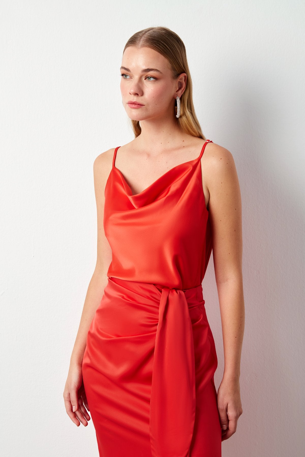 Plunging Neck Satin Blouse - Coral - LussoCA