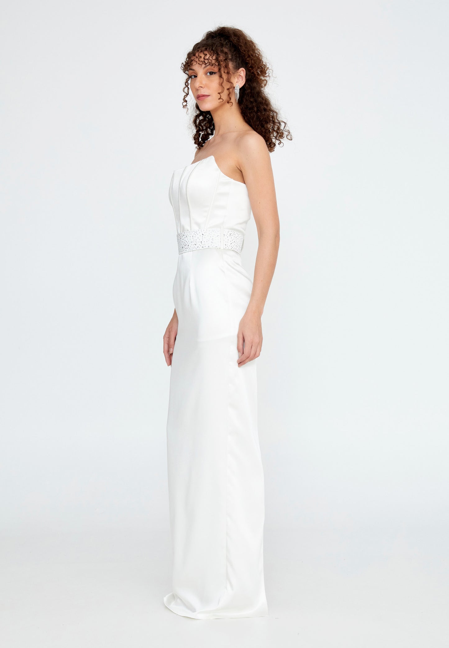 Satin Strapless Long Dress with Belt - White