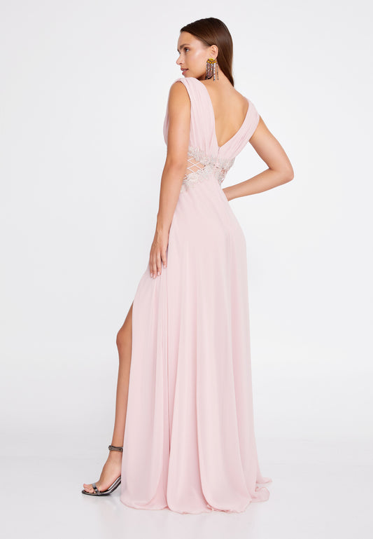 Sleeveless Maxi Chiffon Column Regular Pink Wedding Guest Dress - Pink - LussoCA