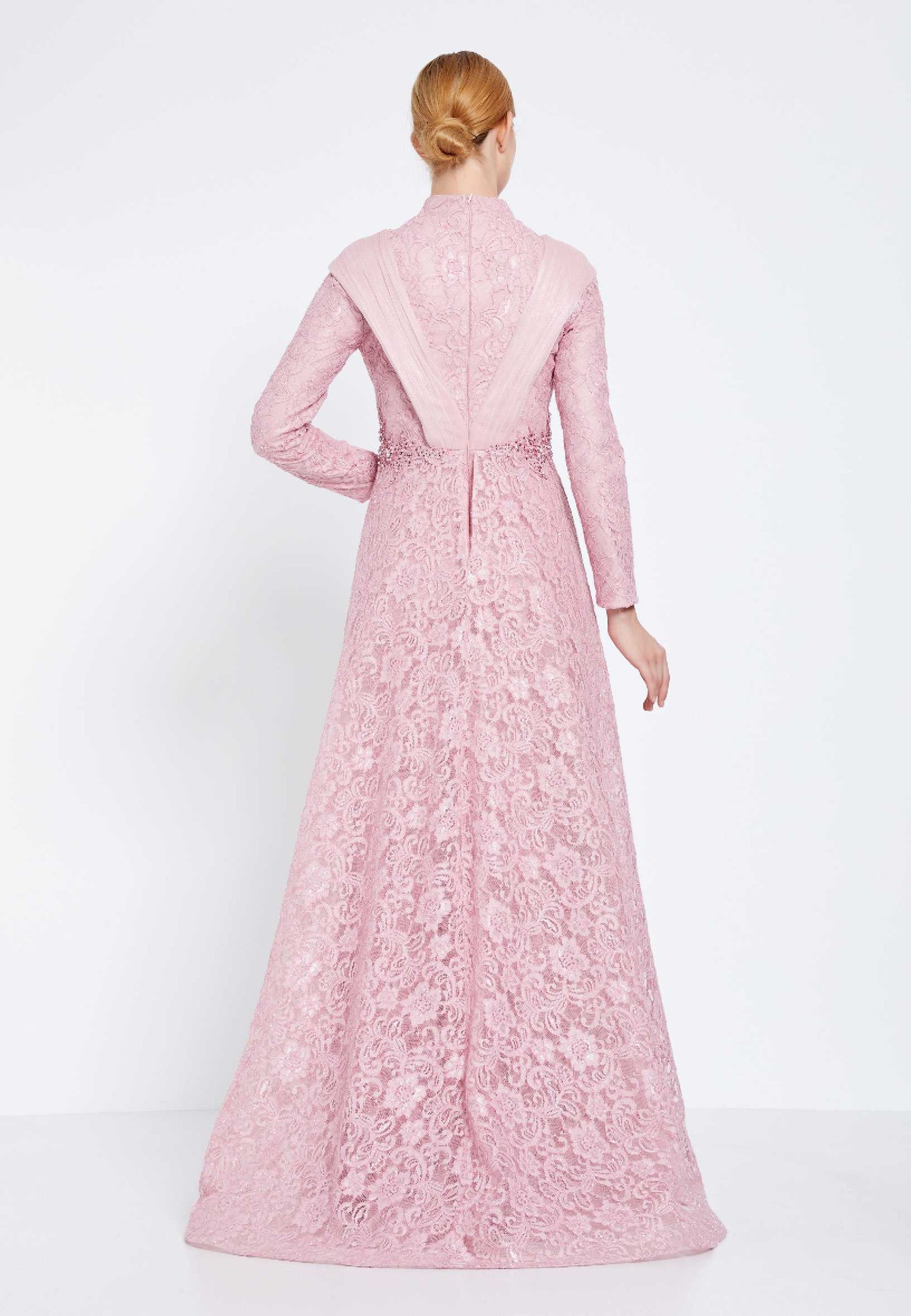 Modest Lace Full Sleeve Double Skirt Long Dress - Pink