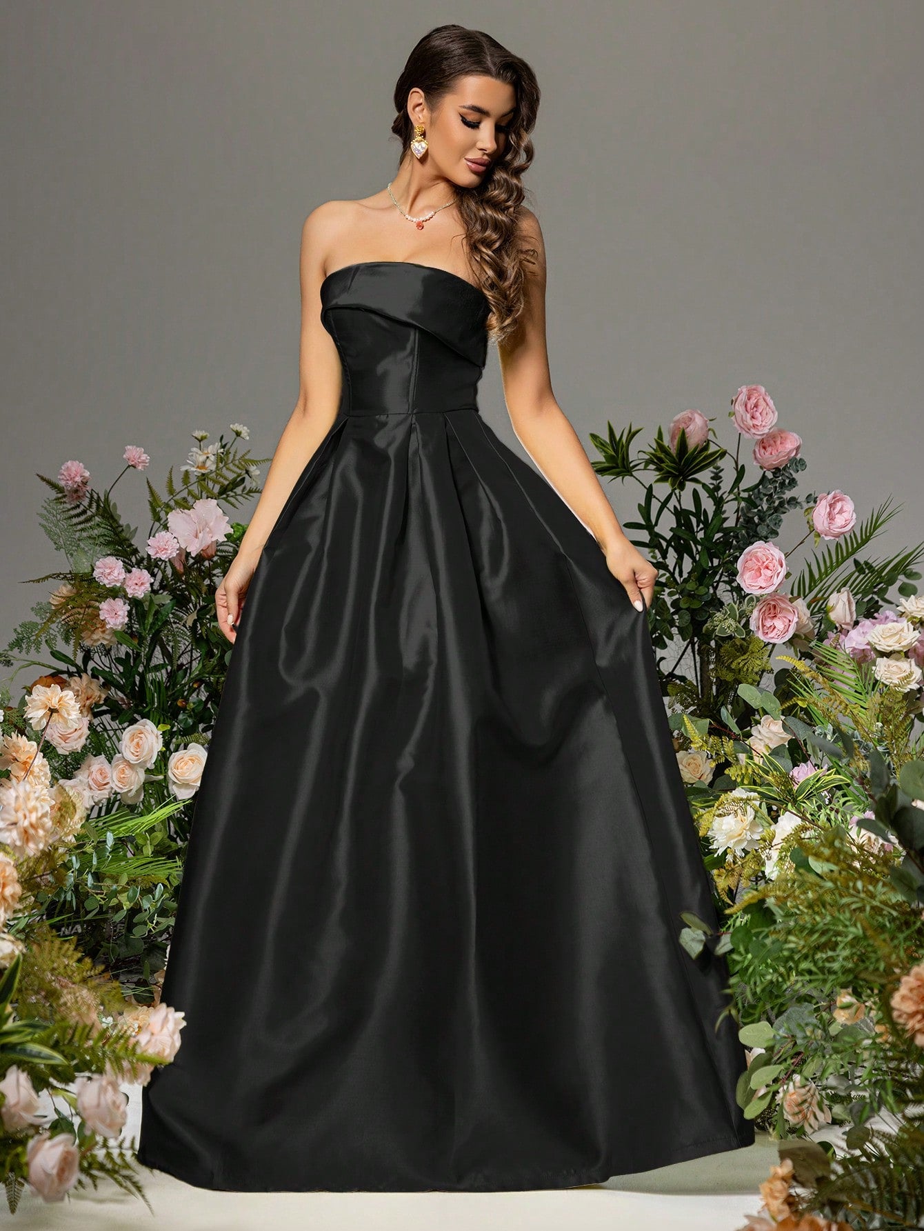 Strapless Taffeta Puffy Maxi Dress - Black