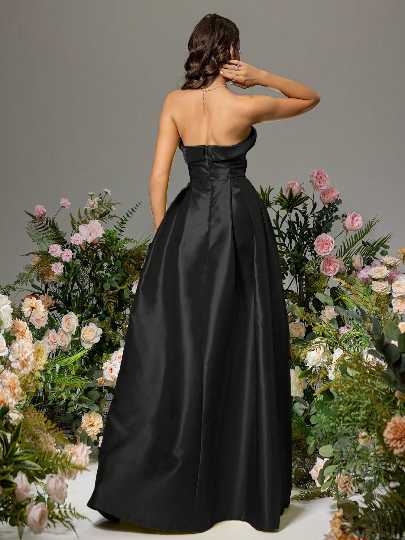 Strapless Taffeta Puffy Maxi Dress - Black