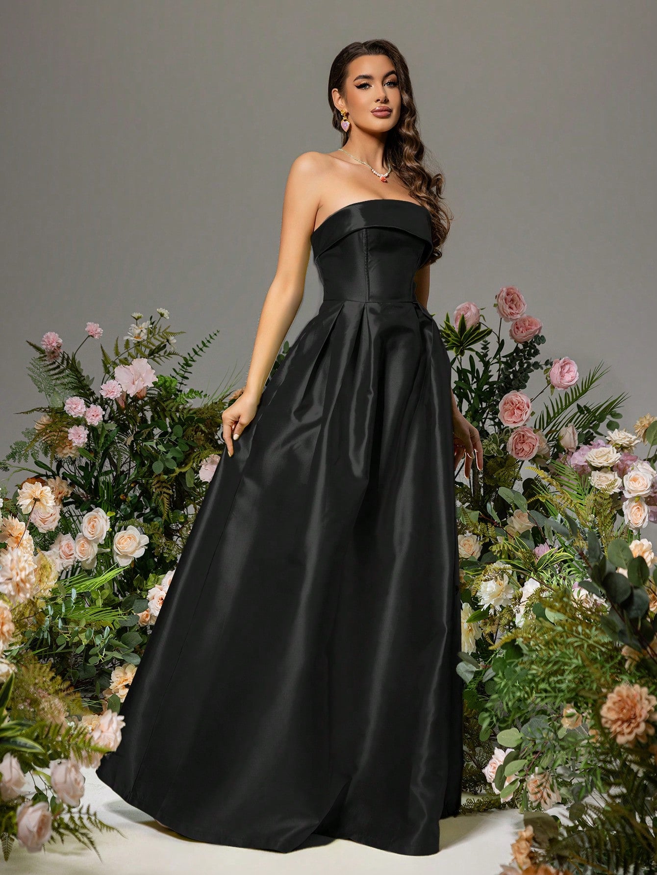 Strapless Taffeta Puffy Maxi Dress - Black