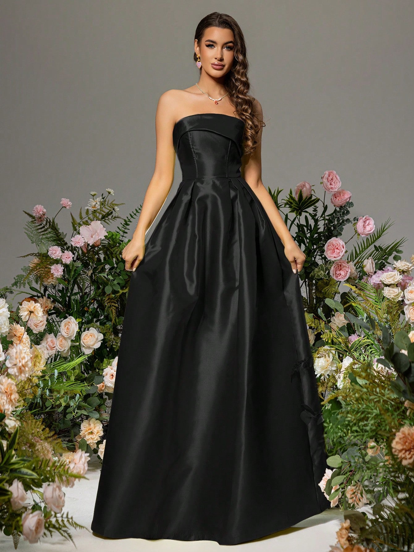 Strapless Taffeta Puffy Maxi Dress - Black