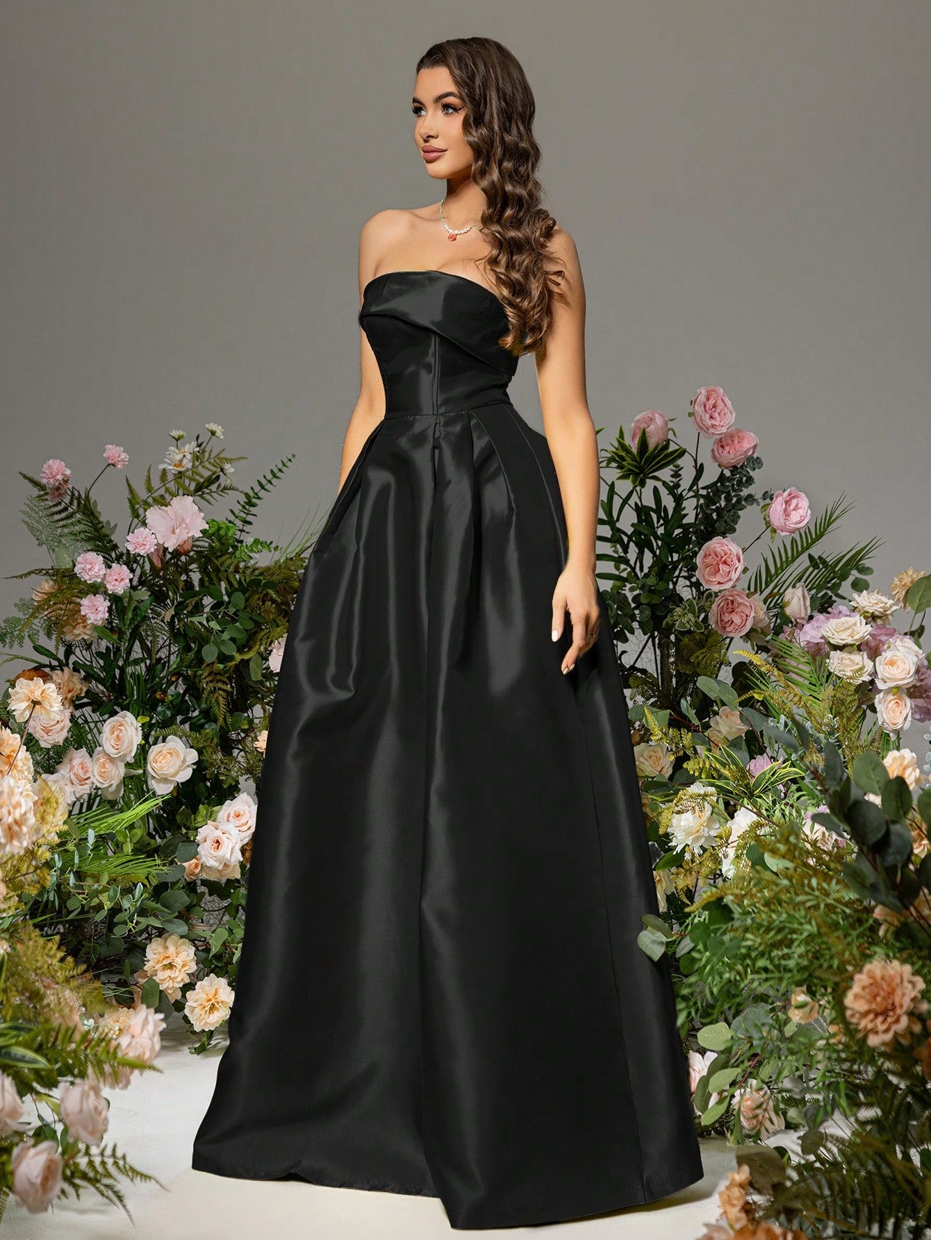 Strapless Taffeta Puffy Maxi Dress - Black