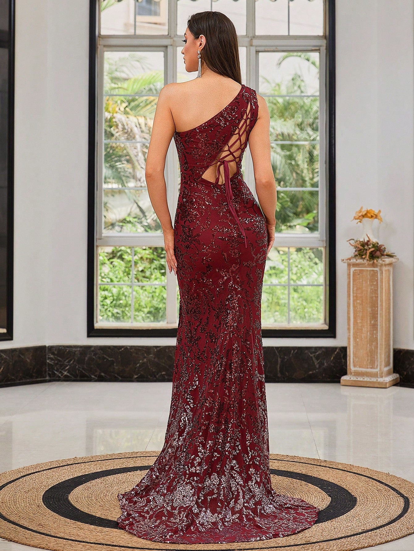 Ombre One-Shoulder Mesh Sequin Mermaid Maxi Dress with Lace Up Back - Burgundy