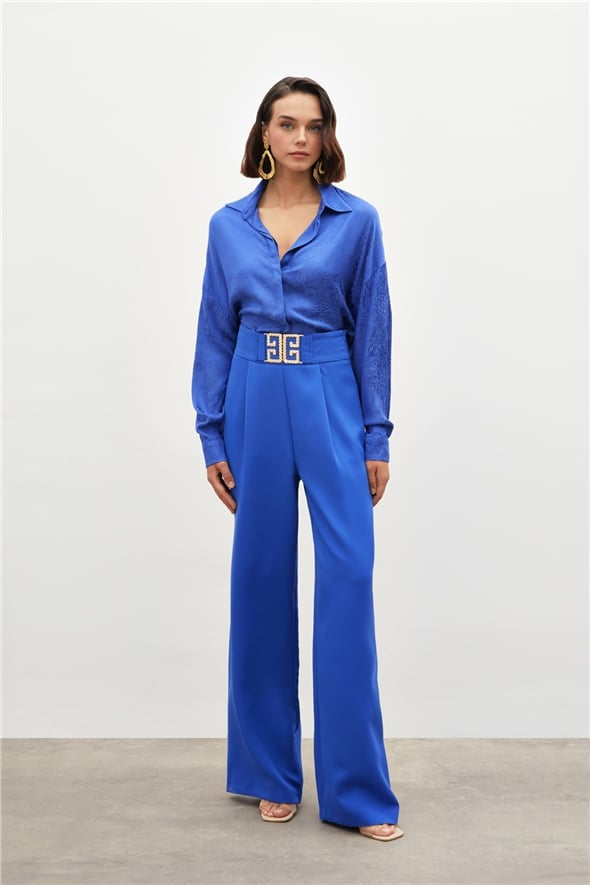 Waist Accessory Wide Leg Trousers - Royal Blue