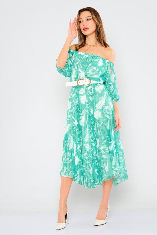Knee Length Three-Quarter Sleeve Casual Off-shoulder Dresses with Belt - Turquoise