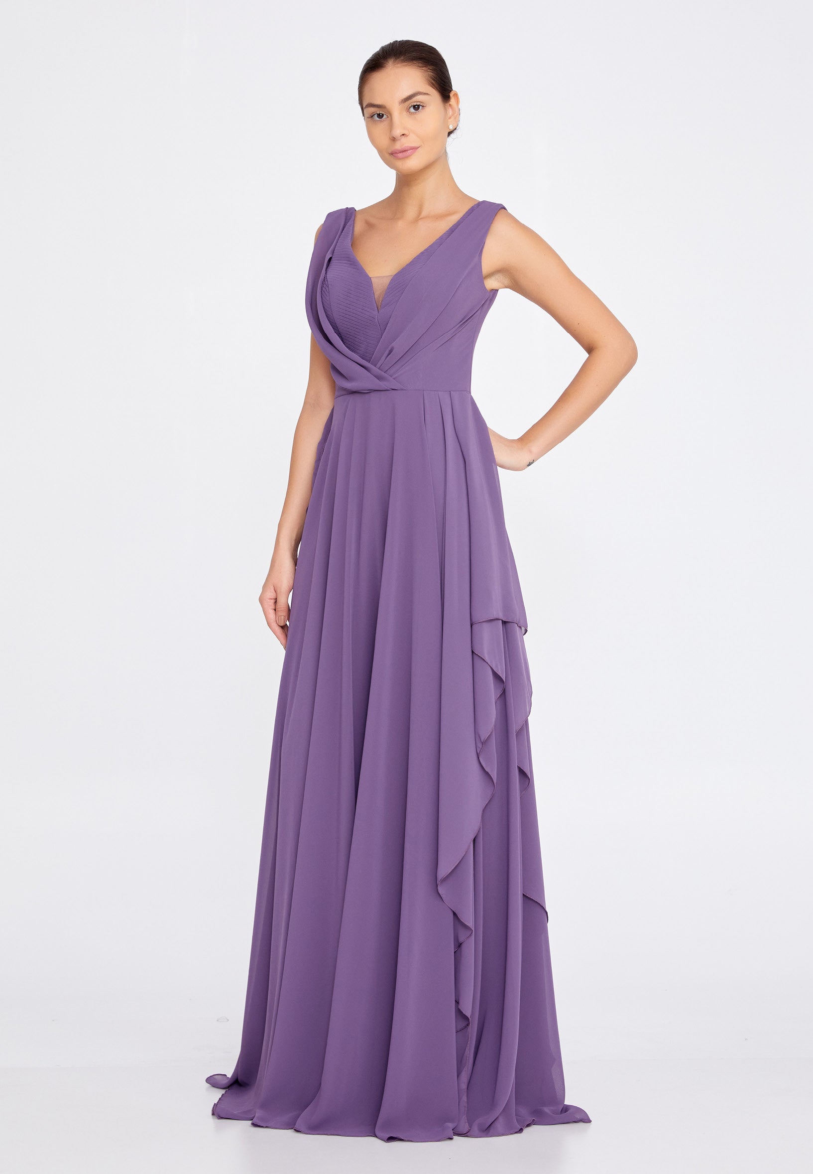 Sleeveless Maxi Chiffon Column Regular Purple Wedding Guest Dress - Purple - LussoCA