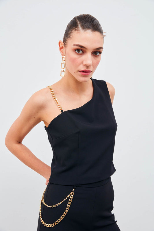 Chain Strap Detailed Crop Blouse - Black - LussoCA