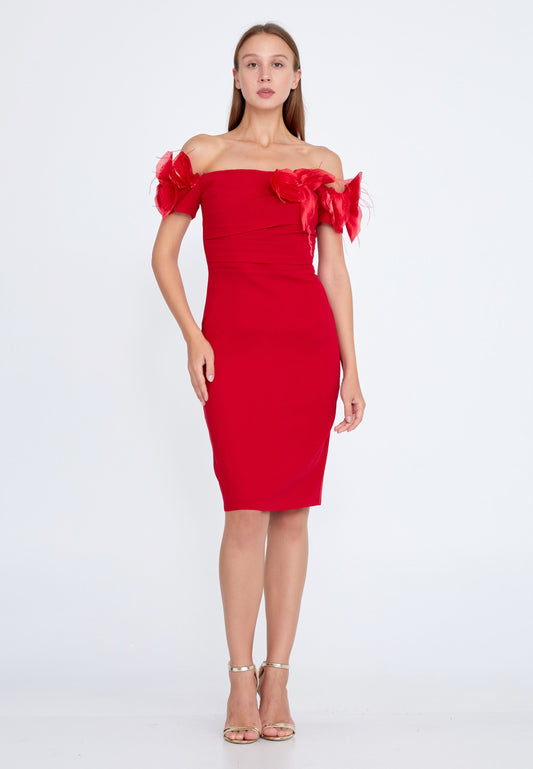 Off Shoulder Mini Crepe Column Regular Red Cocktail Dress - LussoCA