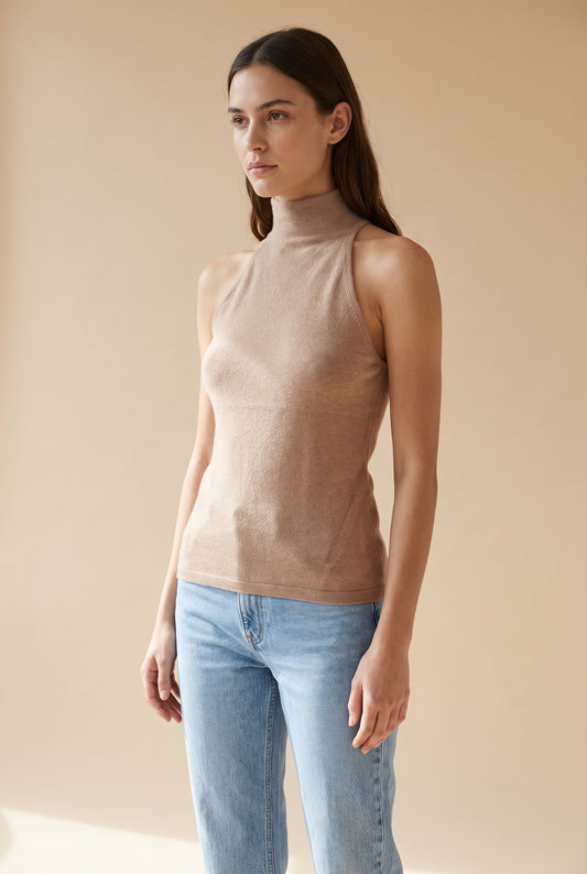 Sleeveless Knit Top in Oat styled with jeans – women's top by Lusso
