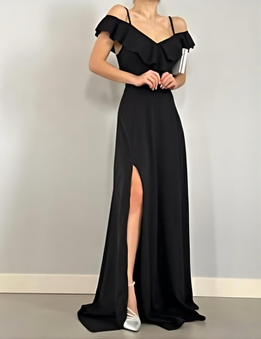 Off-Shoulder Maxi Dress with Spaghetti Straps and Long Slit - Black