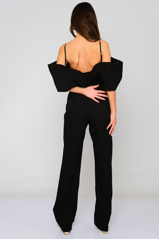 Formal Bow Sleeve with Adjustable Handmade Beaded Straps Jumpsuits - Black