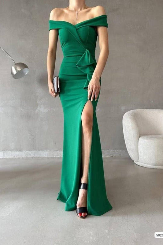 Crepe Long Slit Carmen Off Shoulder Maxi Dress - Green