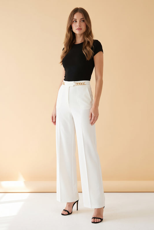Matching Pants with Chain Belt in White styled with a black top – women's pants by Lusso