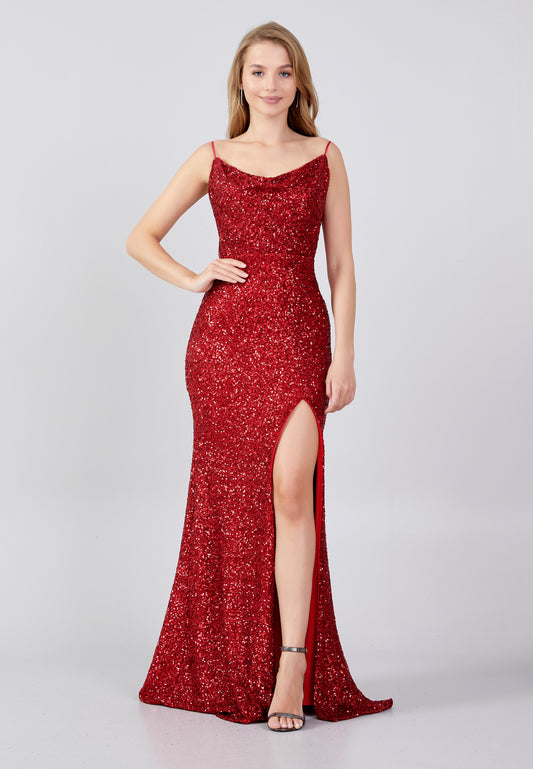 Sleeveless Maxi Sequin Column Regular Red Evening Dress - LussoCA