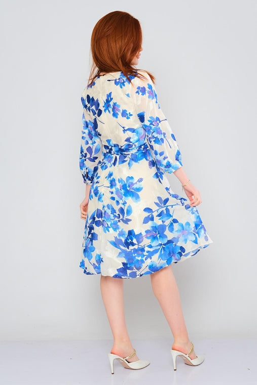 Knee Length Floral Three-Quarter Sleeve Casual Dresses with Belt - Blue
