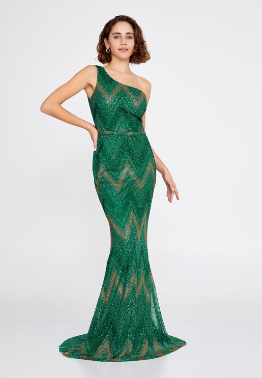 One Shoulder Maxi Tulle Mermaid Regular Green Evening Dress - Green - LussoCA