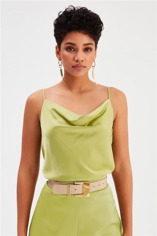 Plunging Neck Satin Blouse - Olive - LussoCA