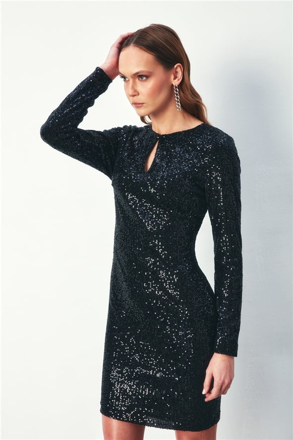 Backless Sequined Dress - Black - LussoCA