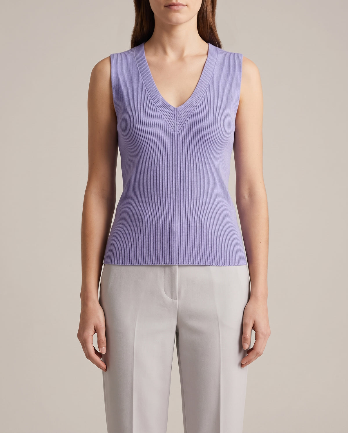 V-Neck Knitwear Sleeveless Top in Lavender, styled on model – women's top by Lusso