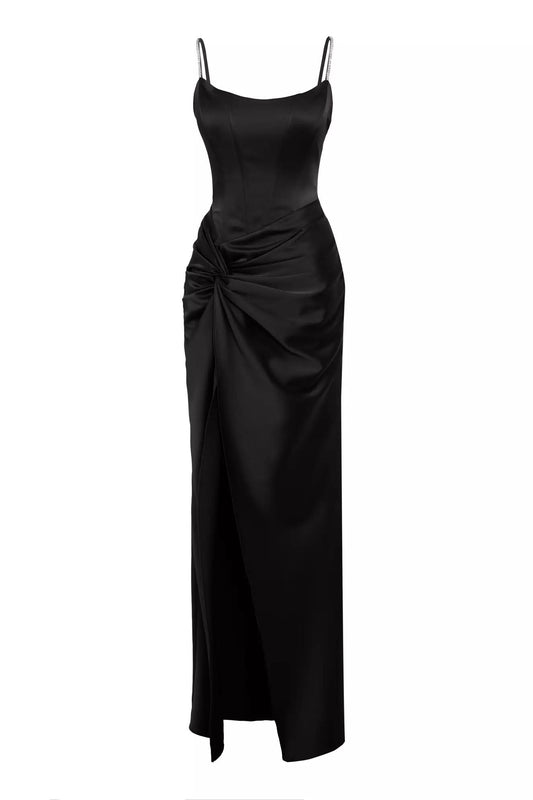 Satin Sleeveless Long Dress - Black