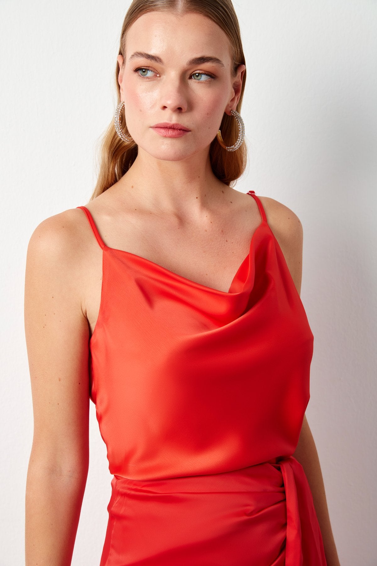 Plunging Neck Satin Blouse - Coral - LussoCA