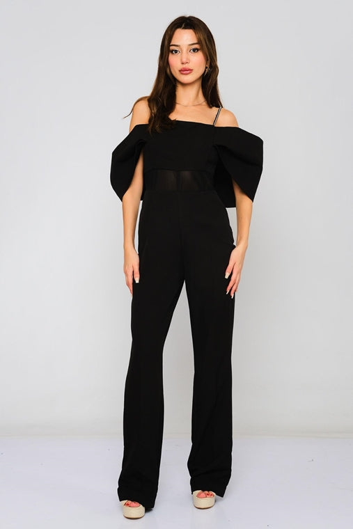 Formal Bow Sleeve with Adjustable Handmade Beaded Straps Jumpsuits - Black