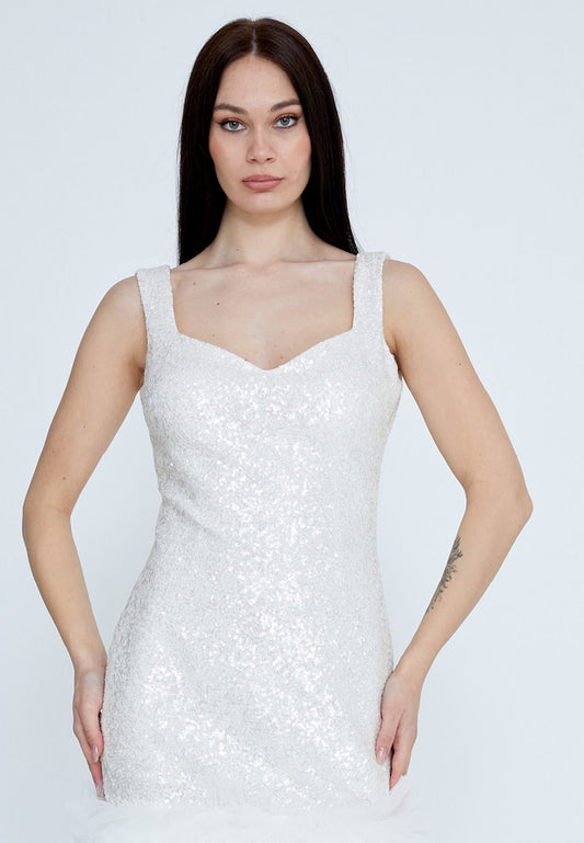 Sleeveless Mini Sequin Column Regular Ecru Cocktail Dress - White - LussoCA