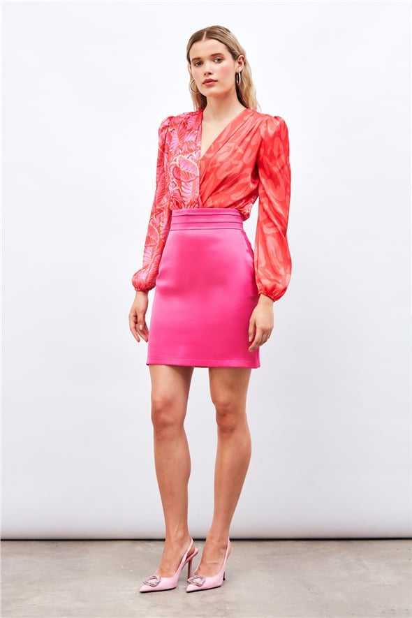 Mini Satin Skirt with Waist Detail - Fuchsia - LussoCA