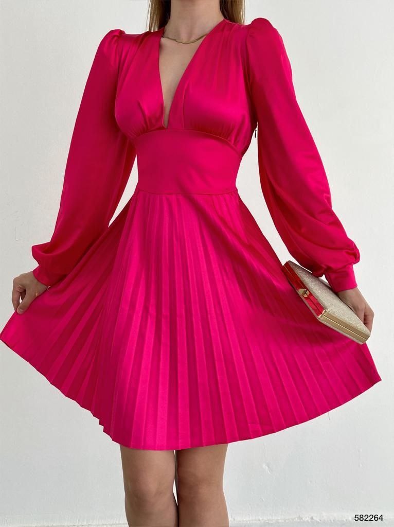 V-Neck Satin Long-Sleeve Pleated skirt Knee Length Dress - Hot Pink