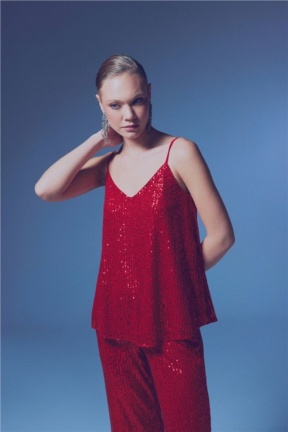 Sequin Spaghetti Strap Camisole - Red