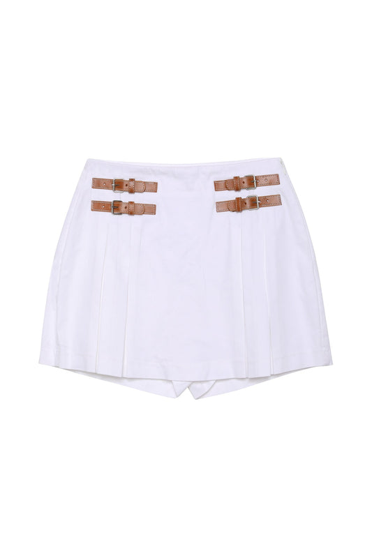 Pleated Mini Short Skirt with Belt Accessory - White - LussoCA