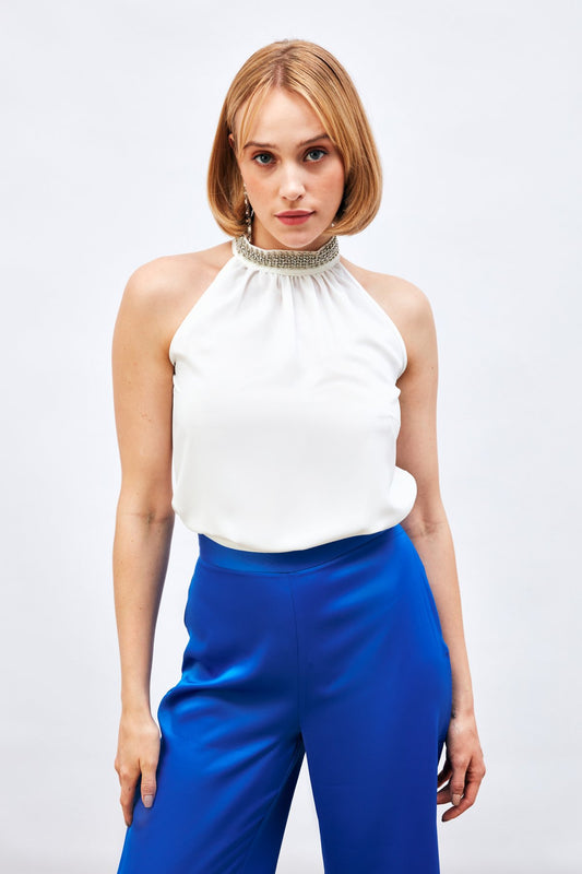 Sleeveless Blouse with Collar Accessory - EKRU - LussoCA