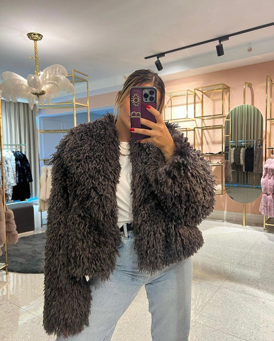 Fluffy fur crop jacket - Charcoal - LussoCA