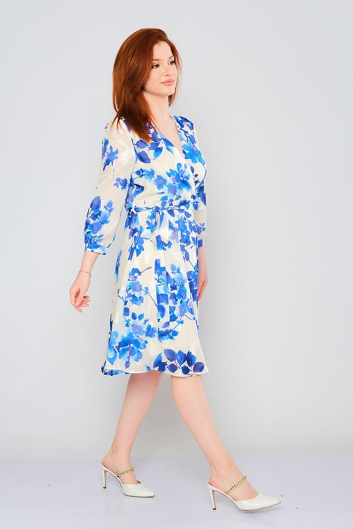 Knee Length Floral Three-Quarter Sleeve Casual Dresses with Belt - Blue