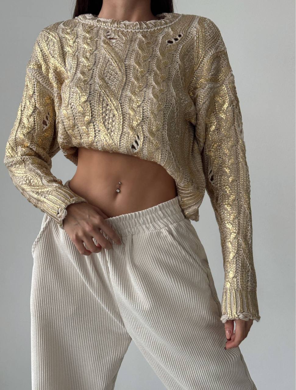 Cropped knit Chunky Sweater - Gold