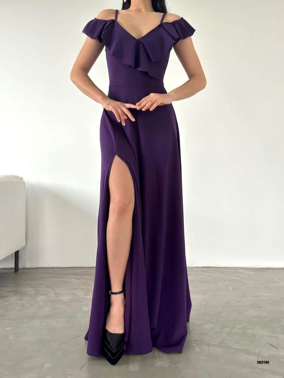 Off-Shoulder Maxi Dress with Spaghetti Straps and Long Slit - Purple