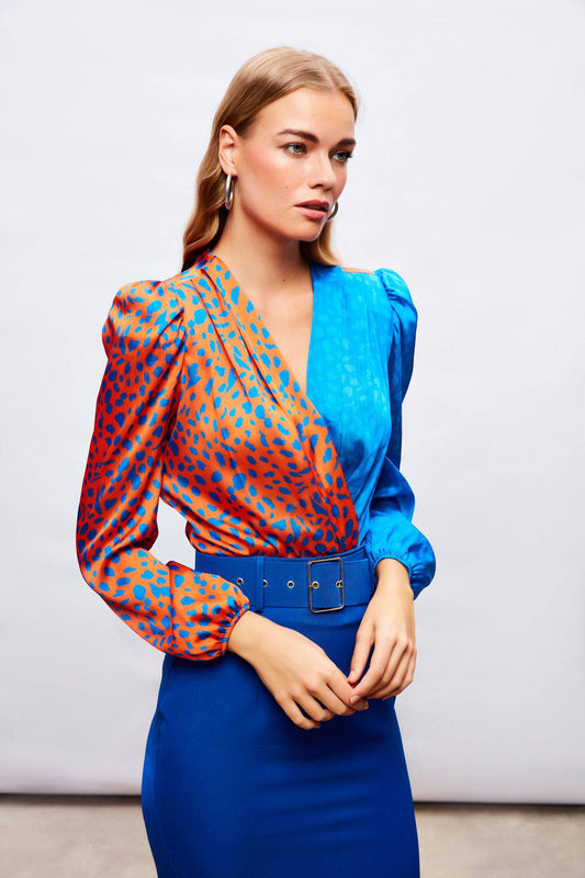 Silk Double-Breasted Patterned Bodysuit -  Blue and Orange