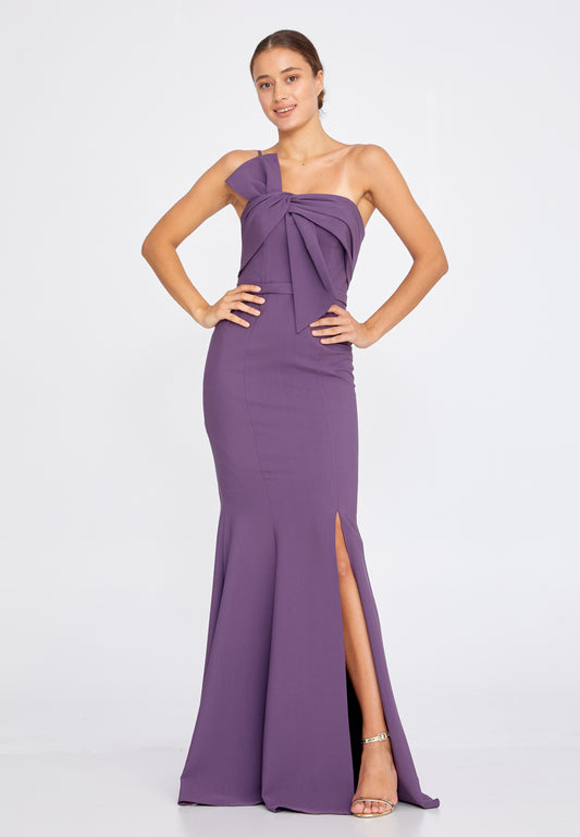 Big Bow One Shoulder Maxi Crepe Mermaid with Slit Wedding Guest Dress - Purple