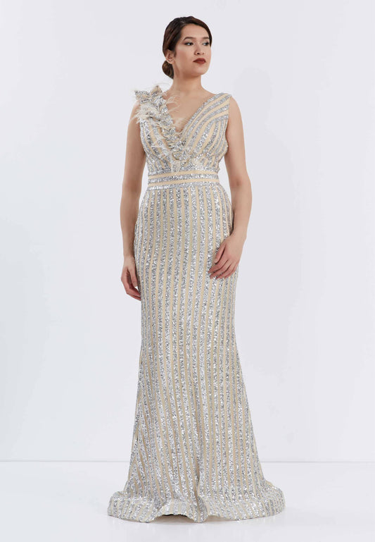 Sleeveless Maxi Sequin Bodycon Evening Dress - Silver Beige - LussoCA