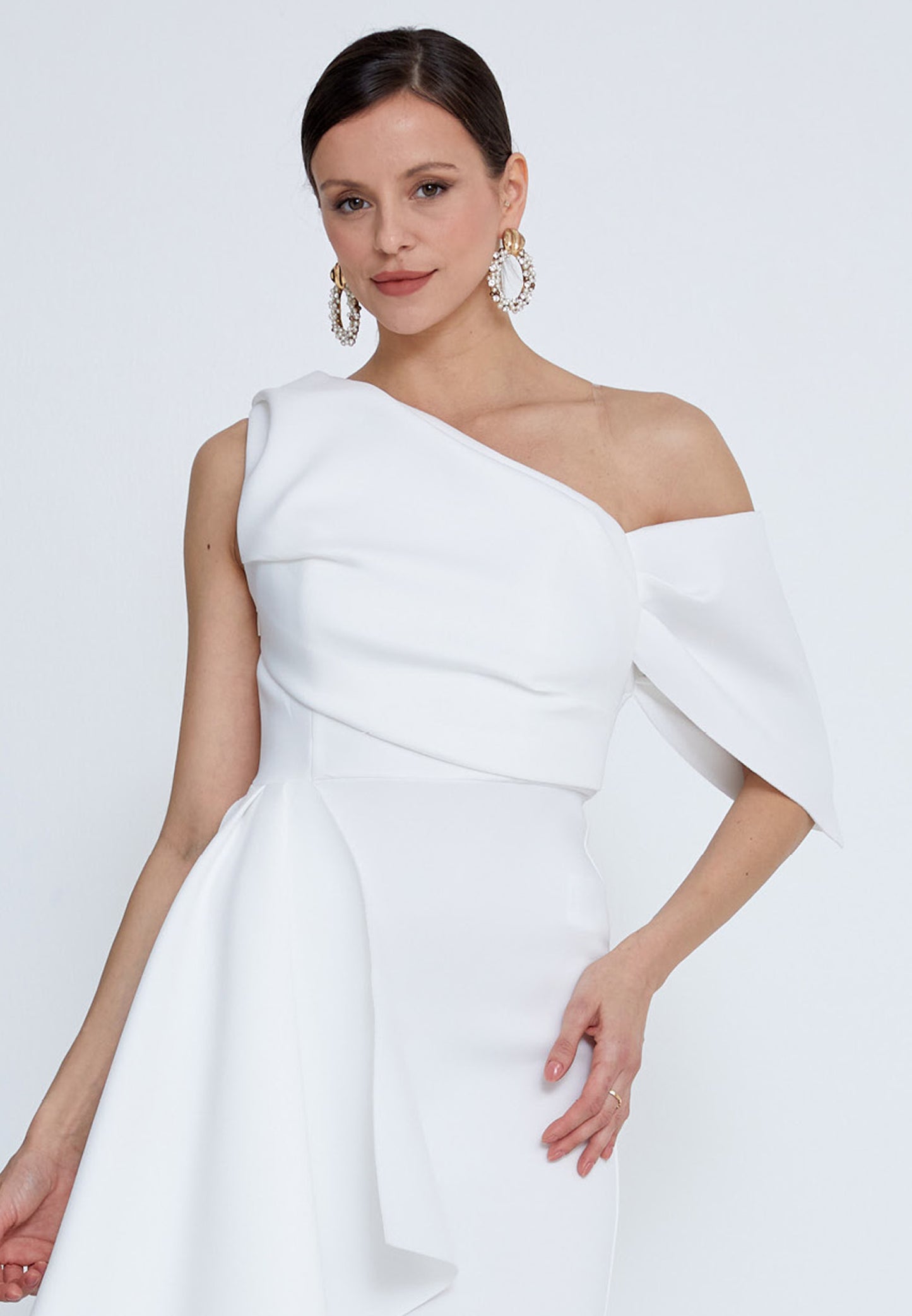 Asymmetric Neckline Midi Dress - White