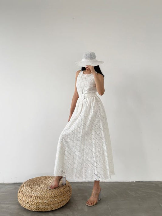 Gathered Long Dress With Waist Belt - LussoCA